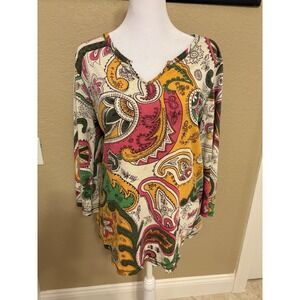 Lucky Brand Women's Retro Colorful Paisley And Floral 3/4 Sleeve Tee, Large